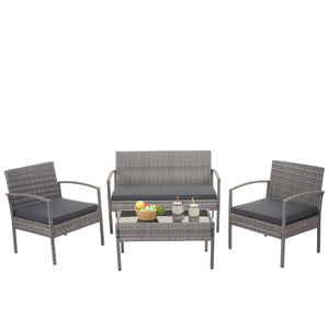 Balkon Sitzgruppe Poly-Rattan 7tlg. Garnitur-Lounge grau, Kissen dunkelgrau