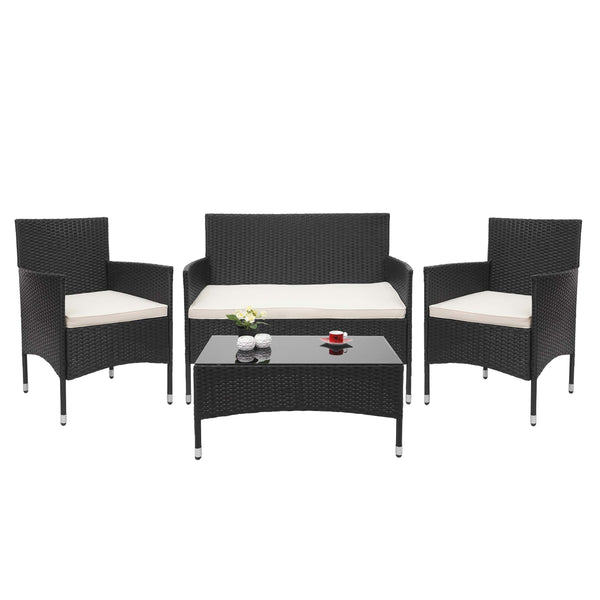 Balkon Sitzgruppe Poly-Rattan 7tlg. Garnitur-Lounge schwarz Kissen creme
