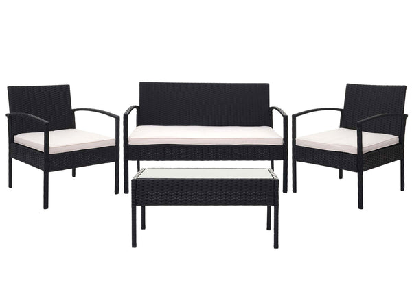 Balkon Sitzgruppe Poly-Rattan 7tlg. Garnitur-Lounge schwarz, Kissen creme