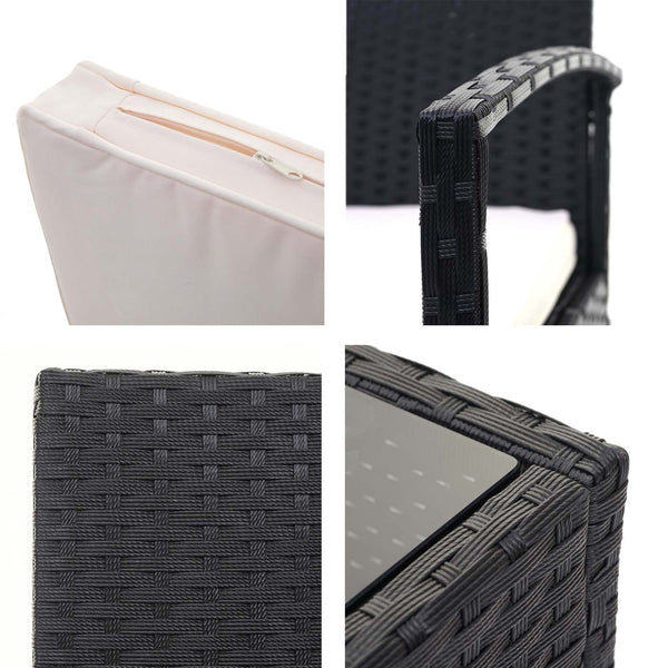Balkon Sitzgruppe Poly-Rattan 7tlg. Garnitur-Lounge schwarz, Kissen creme