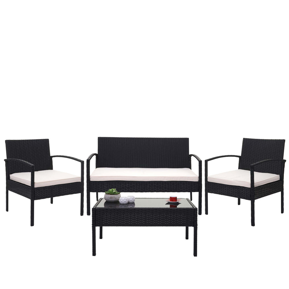 Balkon Sitzgruppe Poly-Rattan 7tlg. Garnitur-Lounge schwarz, Kissen creme