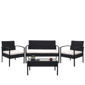Balkon Sitzgruppe Poly-Rattan 7tlg. Garnitur-Lounge schwarz, Kissen creme