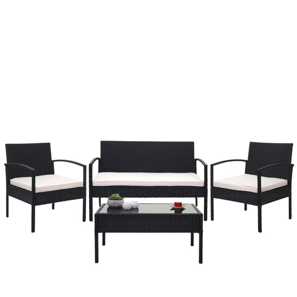 Balkon Sitzgruppe Poly-Rattan 7tlg. Garnitur-Lounge schwarz, Kissen creme