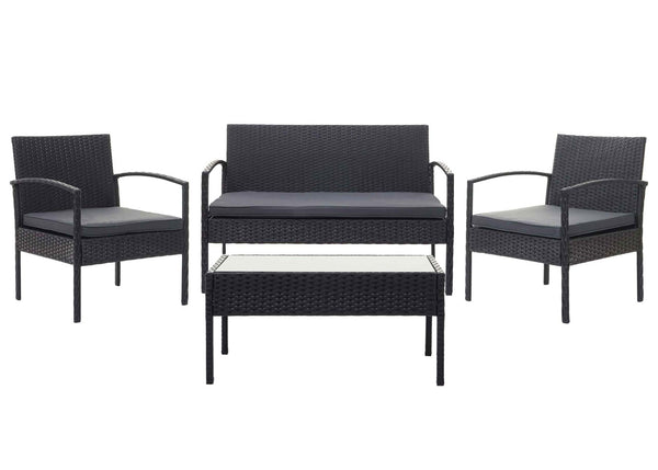 Balkon Sitzgruppe Poly-Rattan 7tlg. Garnitur-Lounge schwarz, Kissen dunkelgrau