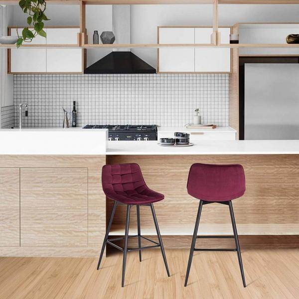 2er-Set Designer Barstuhl mit Fussstütze Samt, Metallbeine Elif bordeaux