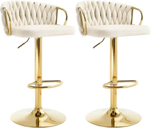 2x Barhocker Samtstuhl Fussstütze Gold Creme