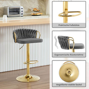 4x Barhocker Samtstuhl Fussstütze Gold Dunkelgrau