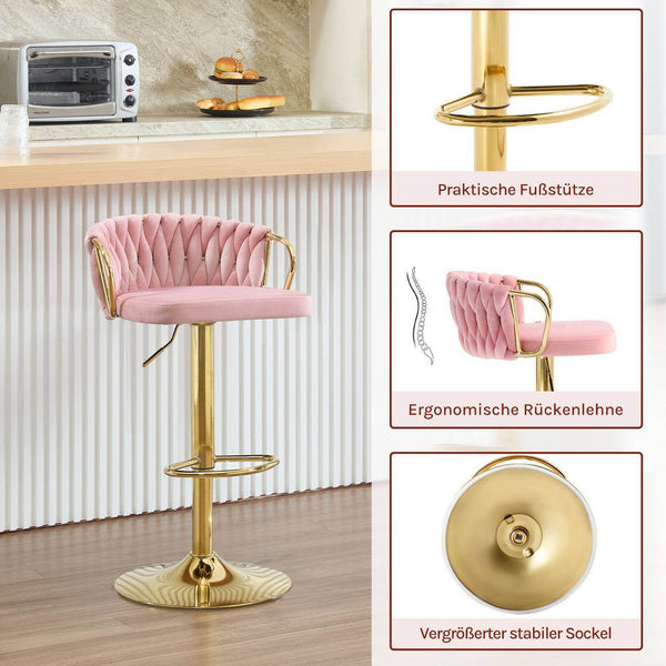 4x Barhocker Samtstuhl Fussstütze Gold Rosa