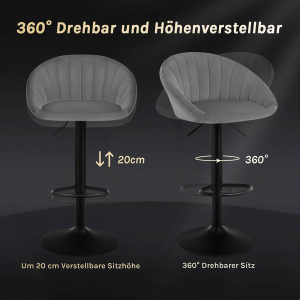 4x Barhocker höhenverstellbar drehbar mit Rückenlehne Samt Metall Dunkelgrau