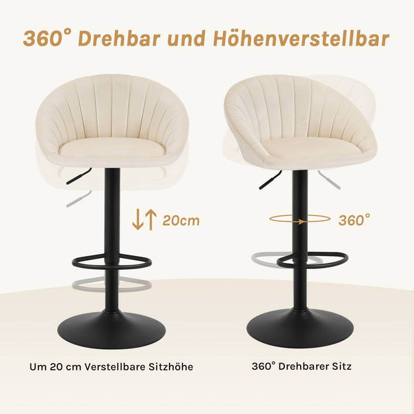2x Barhocker höhenverstellbar drehbar mit Rückenlehne Samt Metall Beige