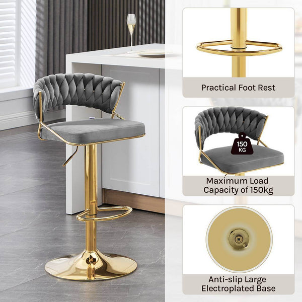 4x Barhocker höhenverstellbar Samt Metall Gold Dunkelgrau