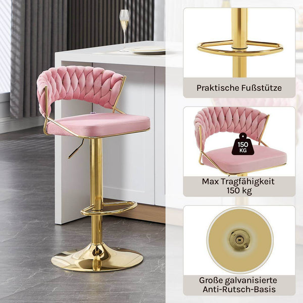 4x Barhocker höhenverstellbar Samt Metall Gold Rosa
