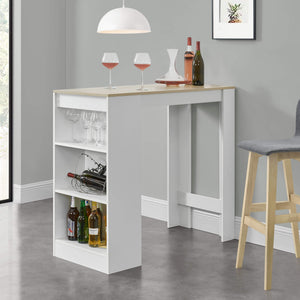 Tavolo da bar Kouvala 110x50x103 cm, bar per la casa con 3 scomparti, effetto bianco/rovere