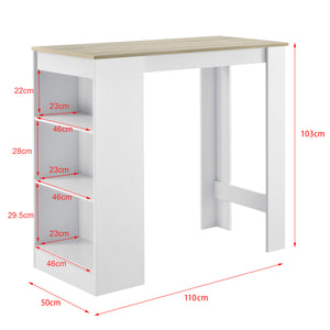 Tavolo da bar Kouvala 110x50x103 cm, bar per la casa con 3 scomparti, effetto bianco/rovere