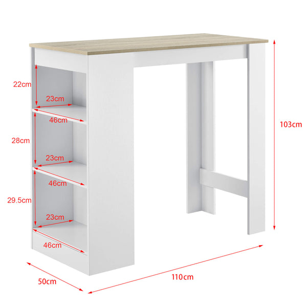 Tavolo da bar Kouvala 110x50x103 cm, bar per la casa con 3 scomparti, effetto bianco/rovere