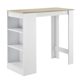 Tavolo da bar Kouvala 110x50x103 cm, bar per la casa con 3 scomparti, effetto bianco/rovere