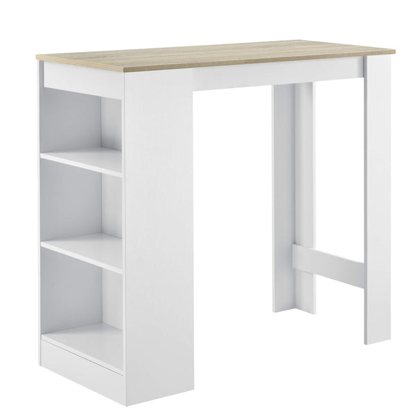 Tavolo da bar Kouvala 110x50x103 cm, bar per la casa con 3 scomparti, effetto bianco/rovere