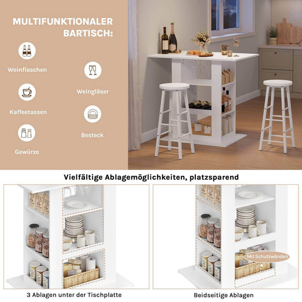 Bartisch mit Stauraum 2 Glashaltern 3 Ablagefächern Weiss
