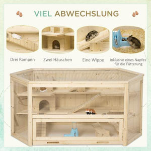 Kleintierkäfig, Nagerkäfig, Nagerheim mit 1 Rampe, 1 Wippe, herausnehmbare Bodenwanne, Tannenholz, Natur