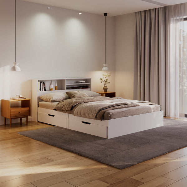 Bett Holz GENESIS mit Stauraum und Schubladen 140 x 200 cm weiss