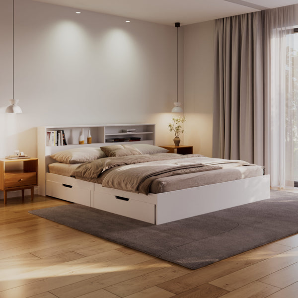 Bett Holz GENESIS mit Stauraum und Schubladen 180 x 200 cm weiss
