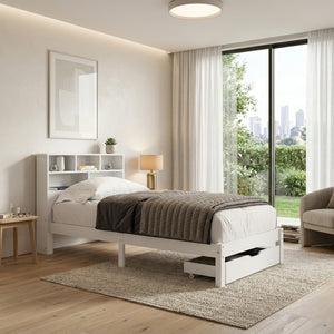 Bett Holz HALIFAX mit Stauraum und Schublade 90 x 200 cm weiss