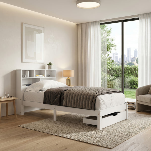 Bett Holz HALIFAX mit Stauraum und Schublade 90 x 200 cm weiss