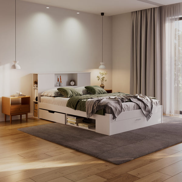 Bett Holz MADELYN mit Stauraum und Schublade 140 x 200 cm weiss