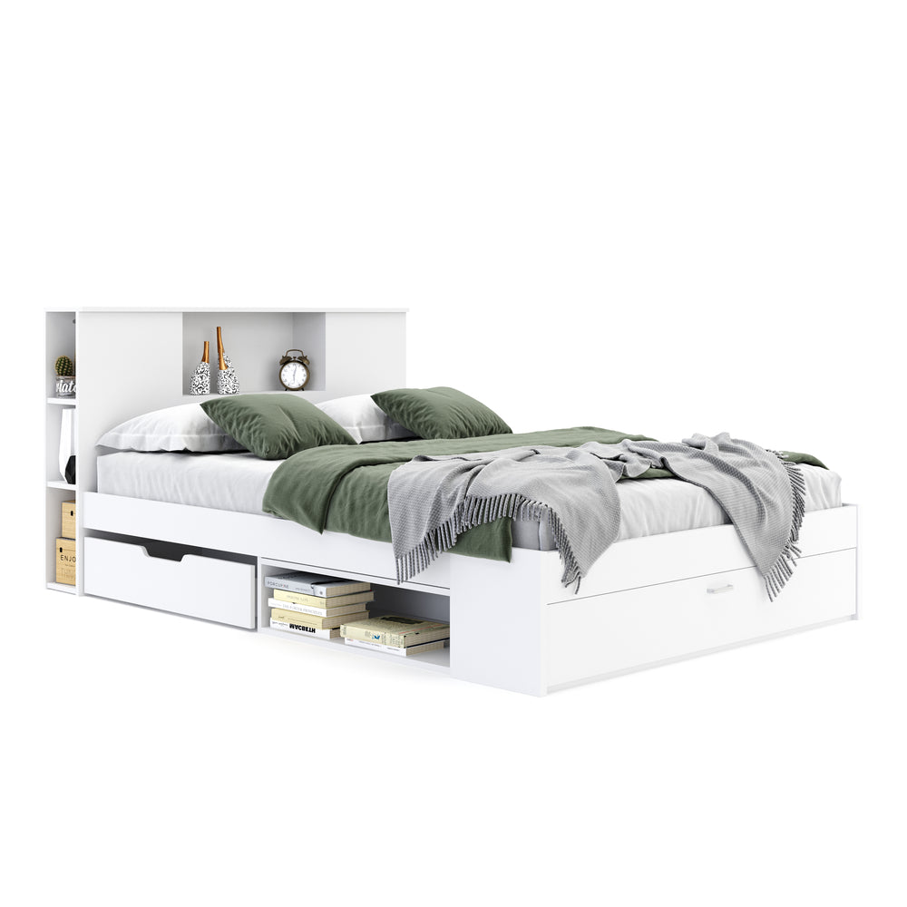 Wooden bed MADELYN with storage space and drawer 140 x 200 cm white