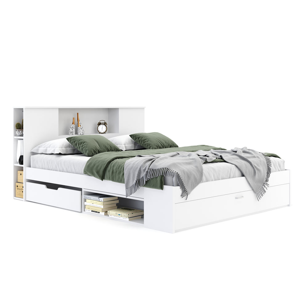 Wooden bed MADELYN with storage space and drawer 160 x 200 cm white
