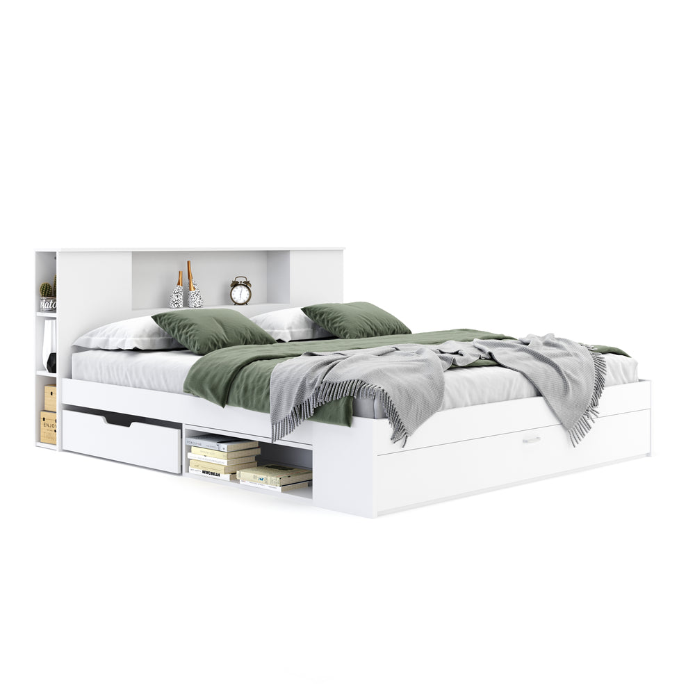 Wooden bed MADELYN with storage space and drawer 180 x 200 cm white