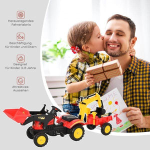 Trettraktor mit Anhänger Tretbagger mit Frontlader Kindertrettraktoren ab 3 Jahre Stahl Kunststoff Rot 179 x 42 x 59 cm