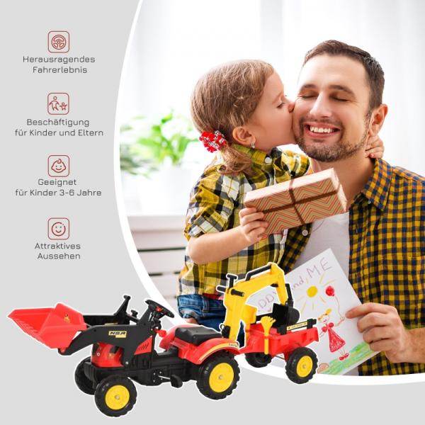 Trettraktor mit Anhänger Tretbagger mit Frontlader Kindertrettraktoren ab 3 Jahre Stahl Kunststoff Rot 179 x 42 x 59 cm