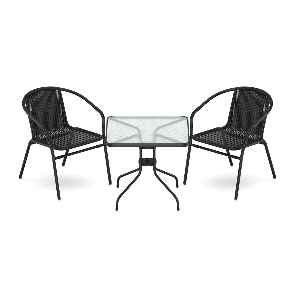 Garden set with square table + 2 chairs, rattan, black