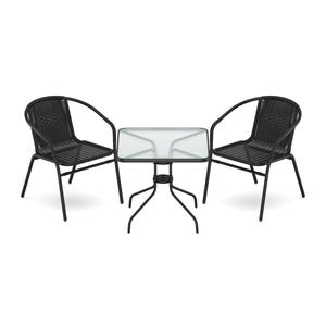 Gartenset mit Tisch eckig + 2 Stühlen Rattan schwarz