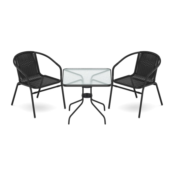 Gartenset mit Tisch eckig + 2 Stühlen Rattan schwarz