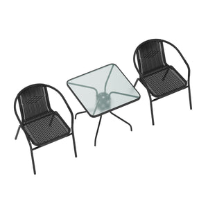 Gartenset mit Tisch eckig + 2 Stühlen Rattan schwarz