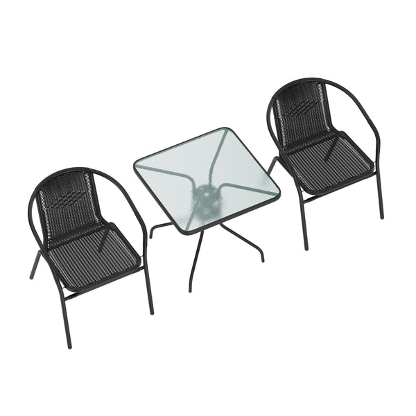 Gartenset mit Tisch eckig + 2 Stühlen Rattan schwarz