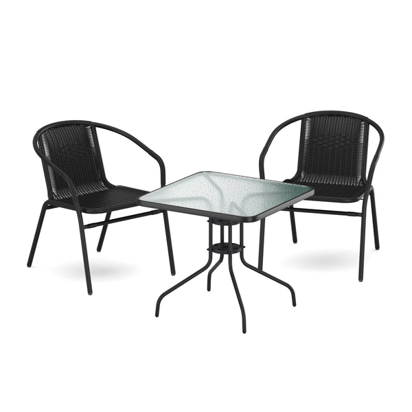 Gartenset mit Tisch eckig + 2 Stühlen Rattan schwarz