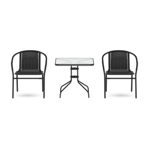 Gartenset mit Tisch eckig + 2 Stühlen Rattan schwarz