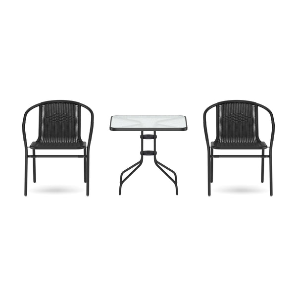 Gartenset mit Tisch eckig + 2 Stühlen Rattan schwarz