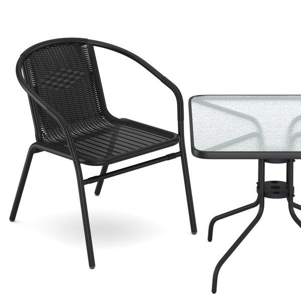 Gartenset mit Tisch eckig + 2 Stühlen Rattan schwarz