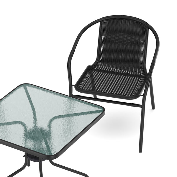 Gartenset mit Tisch eckig + 2 Stühlen Rattan schwarz