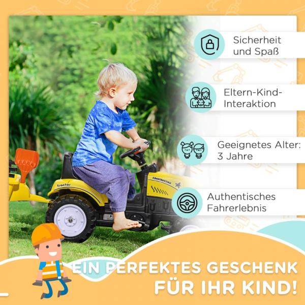 Trettraktor mit Anhänger, Werkzeug, Hupe, für Kinder ab 3 J., Metallrahmen, schwarz-gelb, 133 x 42 x 51 cm