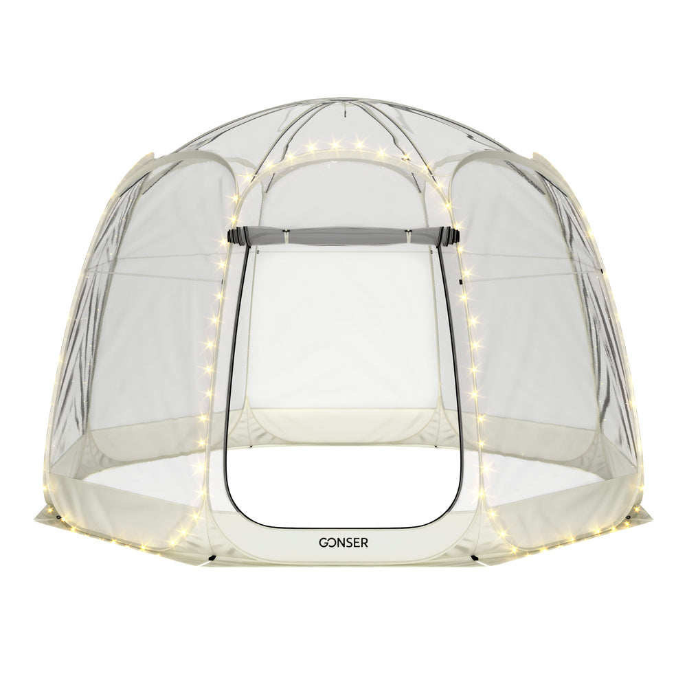 Tenda a bolle pop-up LED per 8-10 persone, 3,8 m, trasparente/bianco