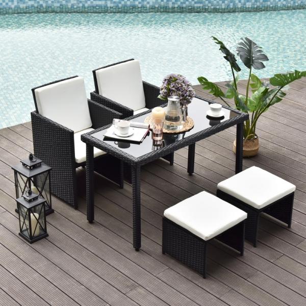 5-teilige Polyrattan Sitzgruppe Essgruppe Gartenset Garnitur mit Kissen Schwarz