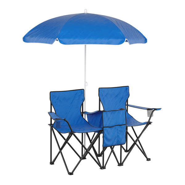 Campingstuhl faltbar 2er Set mit Sonnenschirm und Kühlfach blau