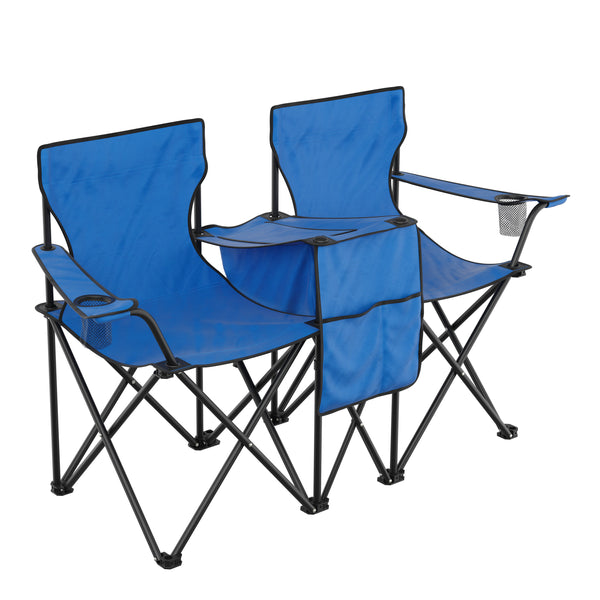 Campingstuhl faltbar 2er Set mit Sonnenschirm und Kühlfach blau