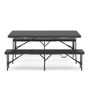Campingtisch Set klappbar 180 cm Rattanoptik schwarz