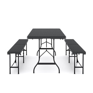 Campingtisch Set klappbar 180 cm Rattanoptik schwarz